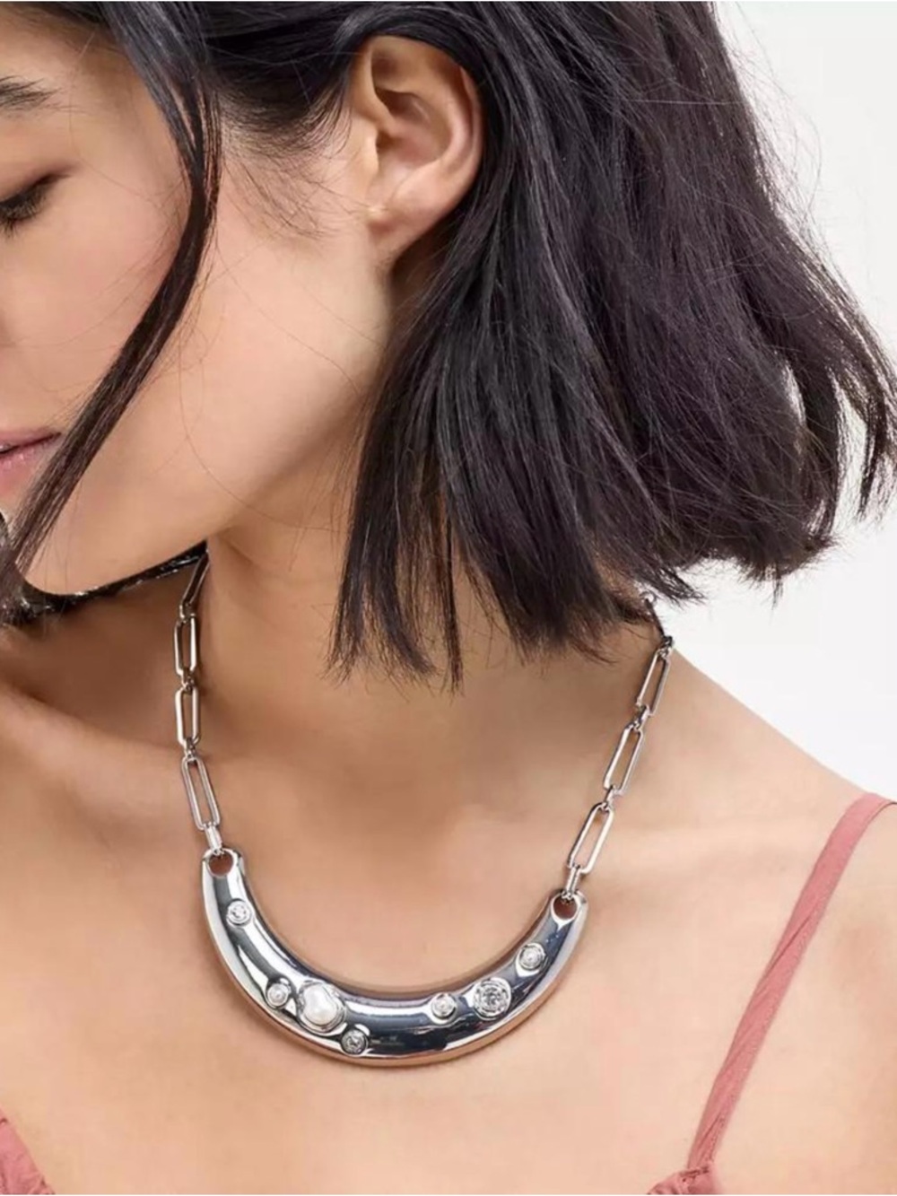 I.N.C. Silver Crystal & Imitation Pearl Curved Bar Statement Necklace & Earrings - Picture 12 of 12